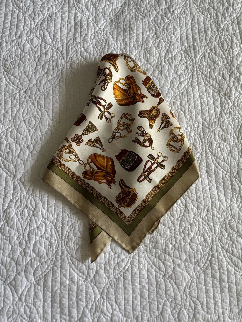 Unbranded Equestrian Motif Print Silk Scarf Ivory Gold & Olive Handmade